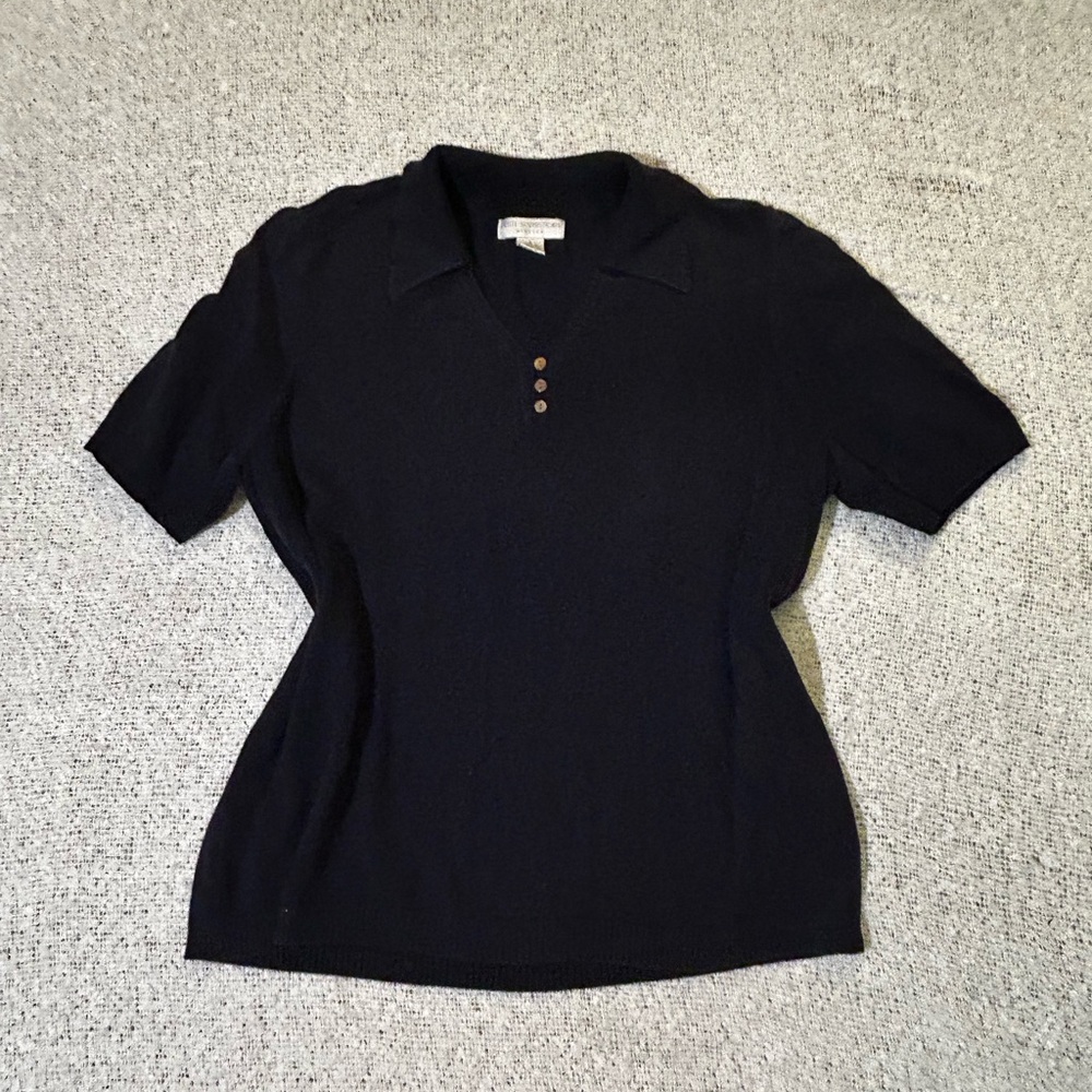 Vintage Petite Sophisticate Navy Short-Sleeve Polo Knit Top Size L
